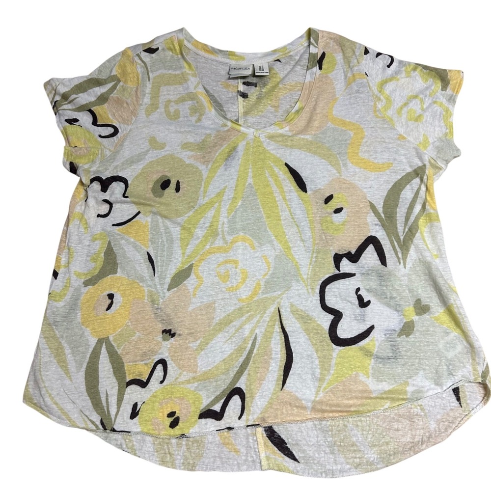 Rachel Zoe Womens 1X Linen Floral V-Neck Short Sleeve High Low Top Yellow Green